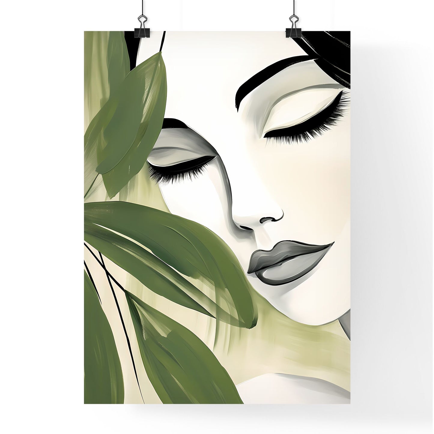 Woman With Eyes Closed And Green Leaves Art Print Default Title