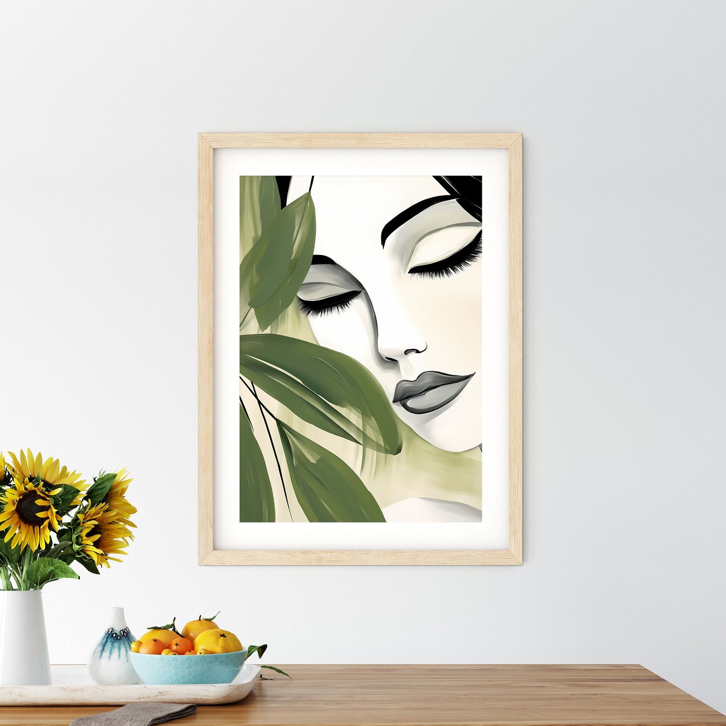 Woman With Eyes Closed And Green Leaves Art Print Default Title