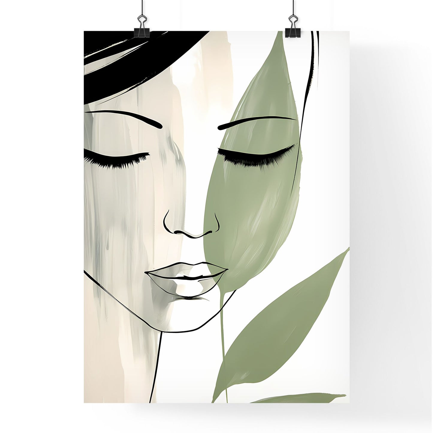 Drawing Of A Womans Face With Green Leaves Art Print Default Title