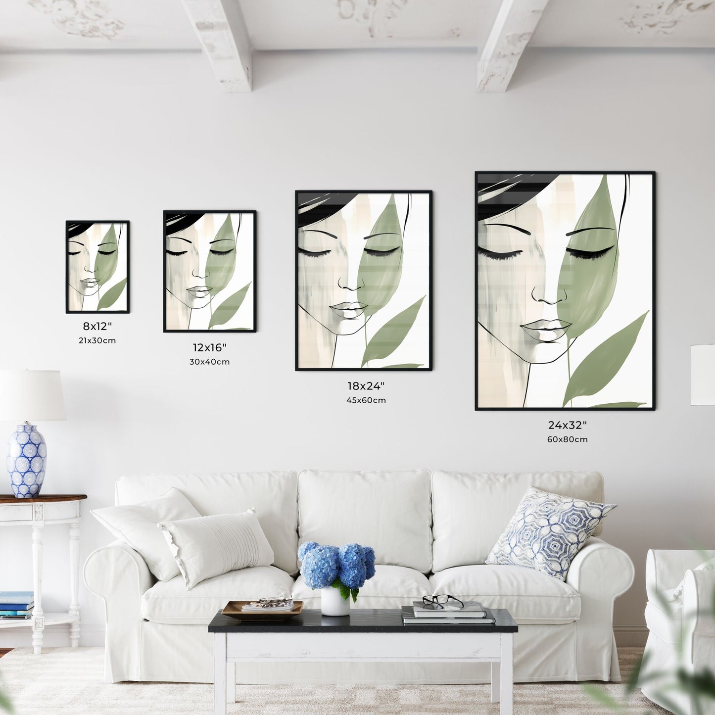 Drawing Of A Womans Face With Green Leaves Art Print Default Title