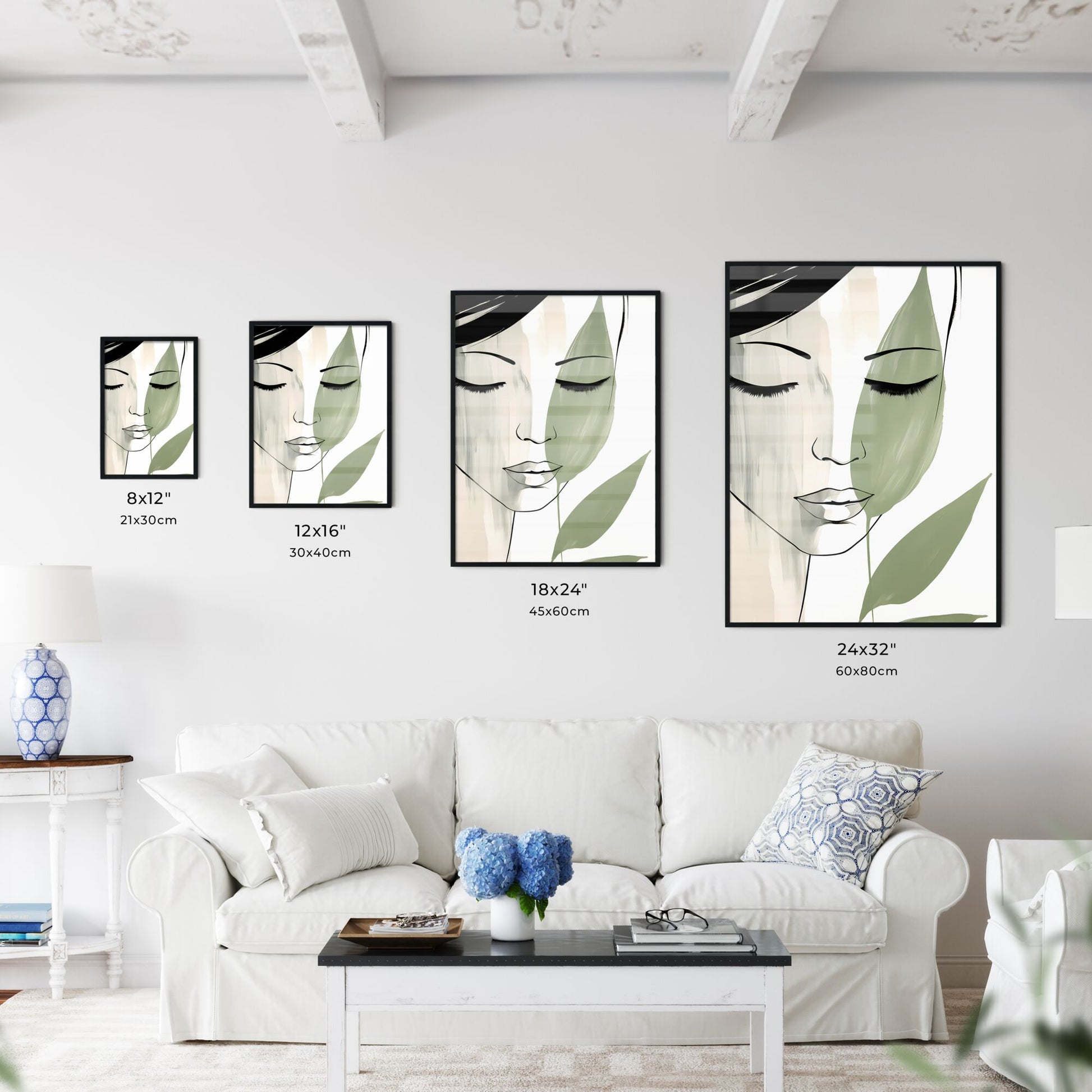 Drawing Of A Womans Face With Green Leaves Art Print Default Title