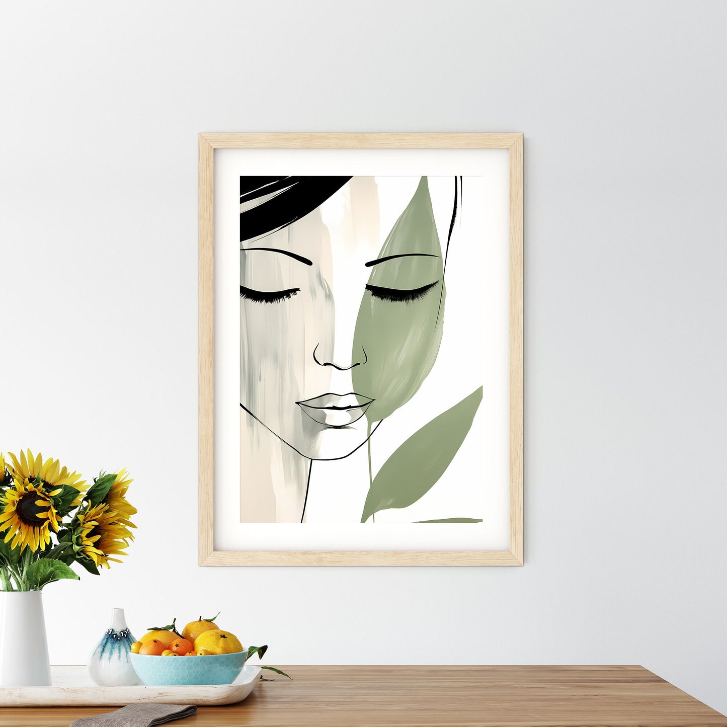 Drawing Of A Womans Face With Green Leaves Art Print Default Title