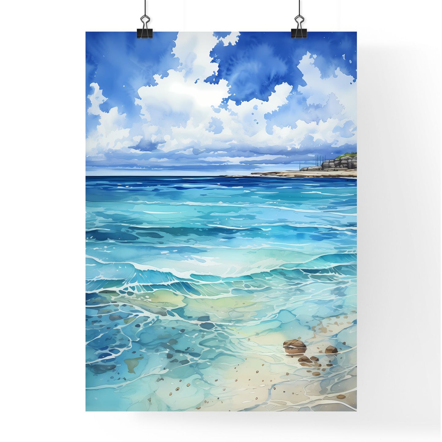 Water Painting Of A Beach And Blue Sky Art Print Default Title