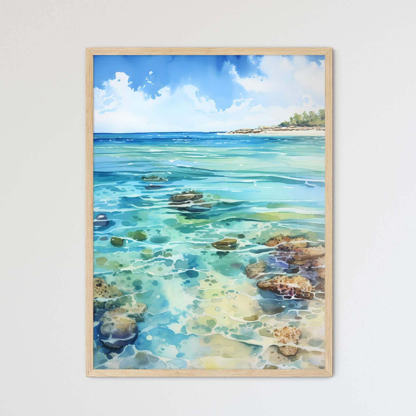 Water Painting Of A Beach With Rocks And Trees Art Print Default Title