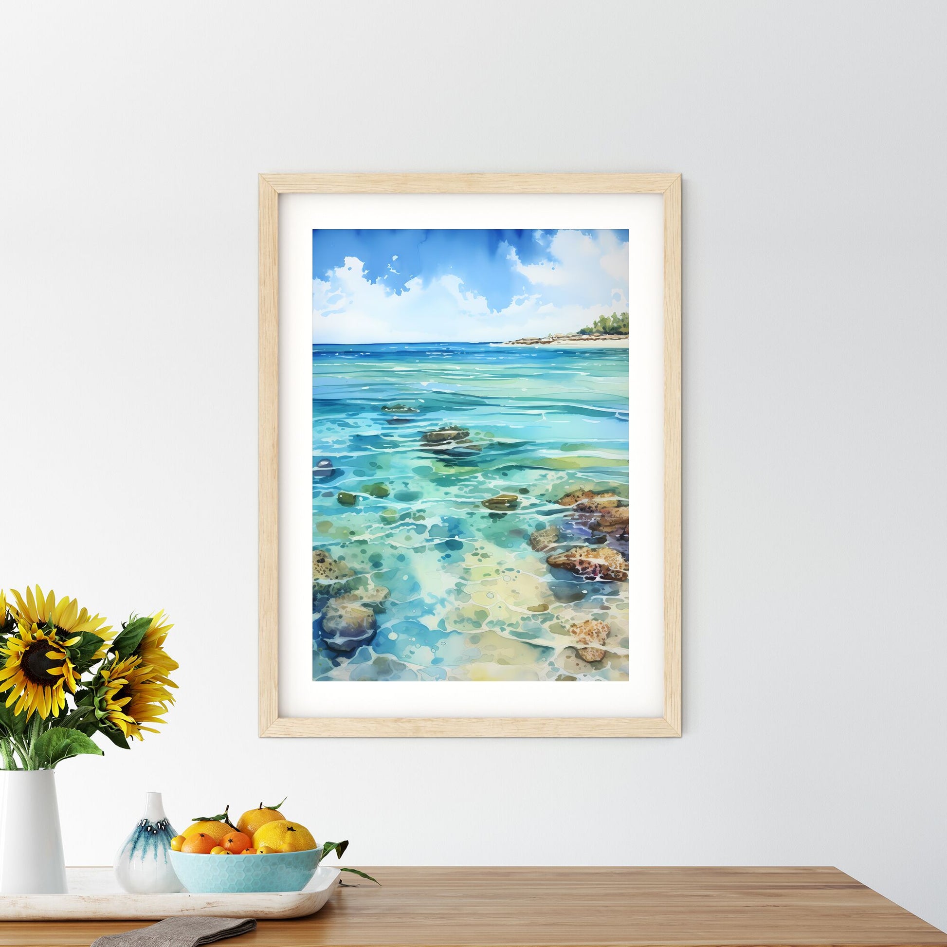 Water Painting Of A Beach With Rocks And Trees Art Print Default Title