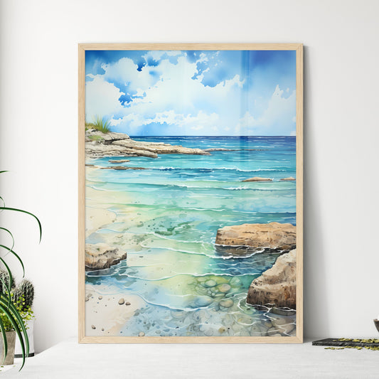 Water Painting Of A Beach With Rocks And Blue Water Art Print Default Title