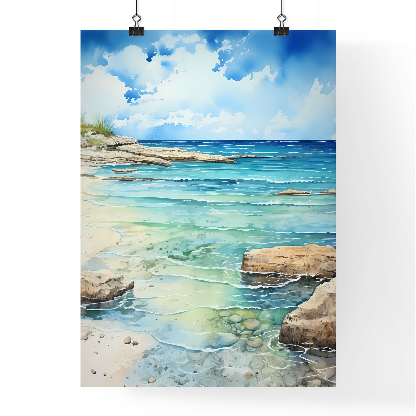 Water Painting Of A Beach With Rocks And Blue Water Art Print Default Title