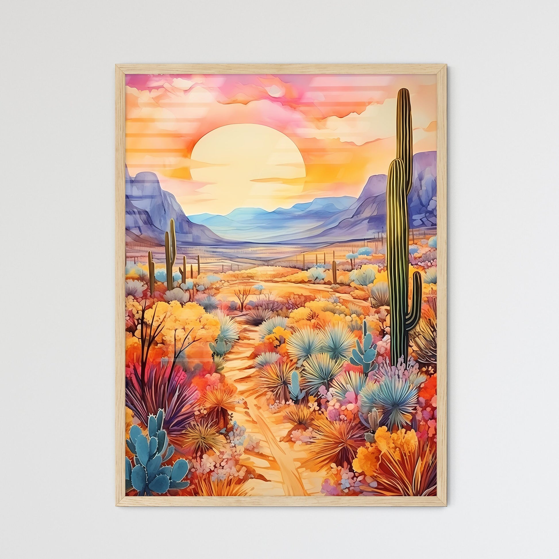 Painting Of A Desert Landscape With Cactus And Mountains Art Print Default Title