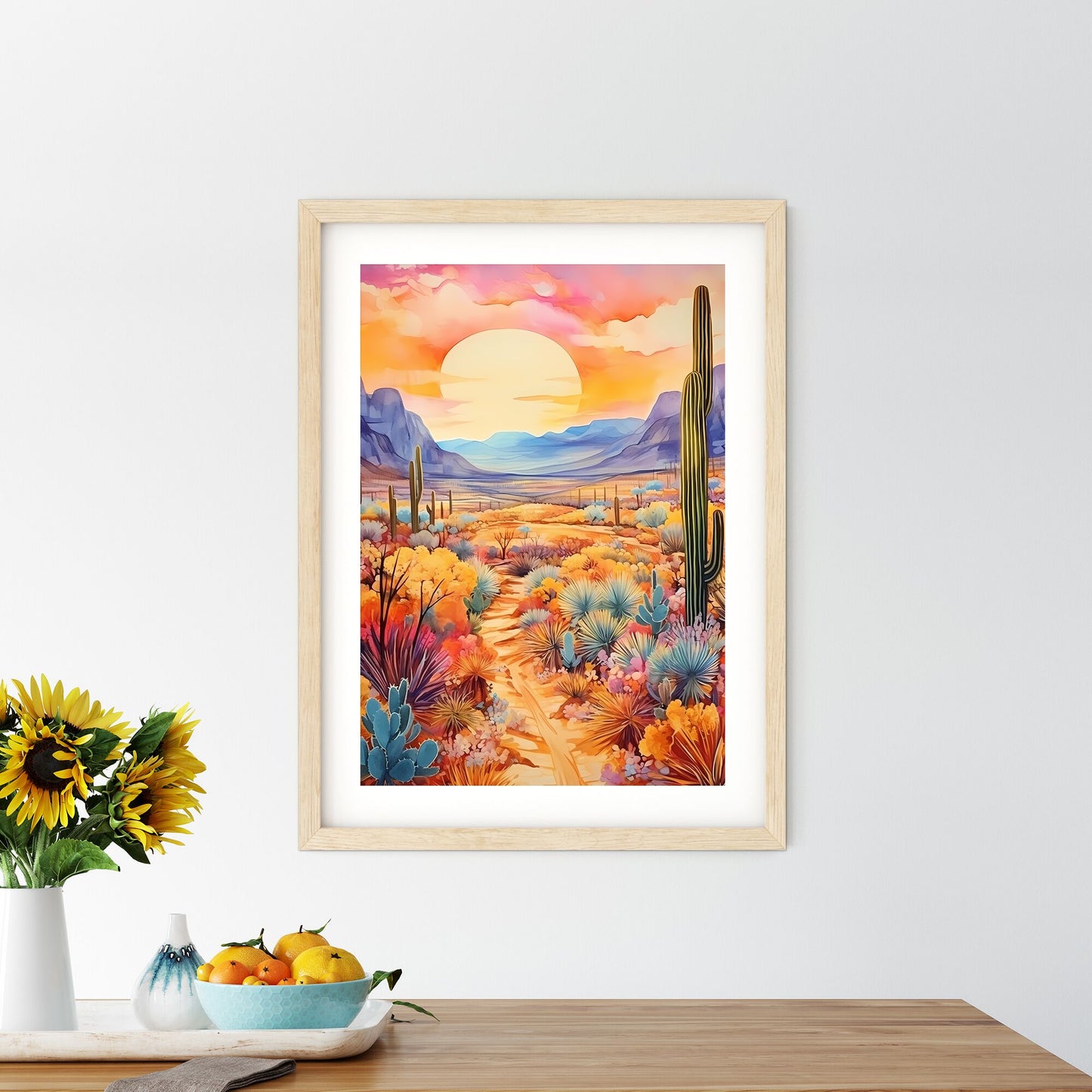 Painting Of A Desert Landscape With Cactus And Mountains Art Print Default Title