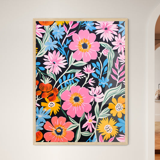 Colorful Floral Pattern On A Black Backgroun - Framed Art Print