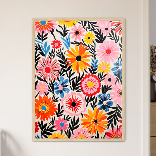 Colorful Flower Pattern On A White Surface A - Framed Art Print