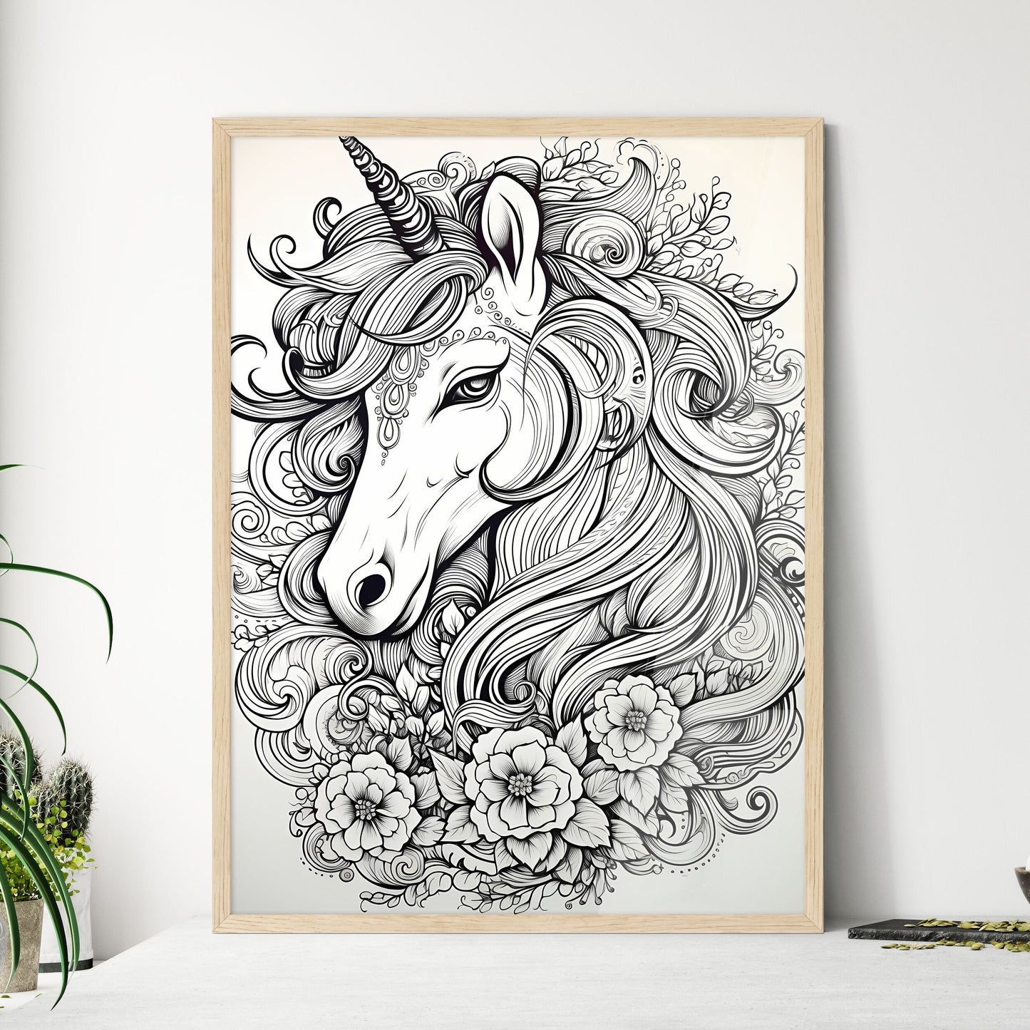Drawing Of A Unicorn With Flo Wall Art