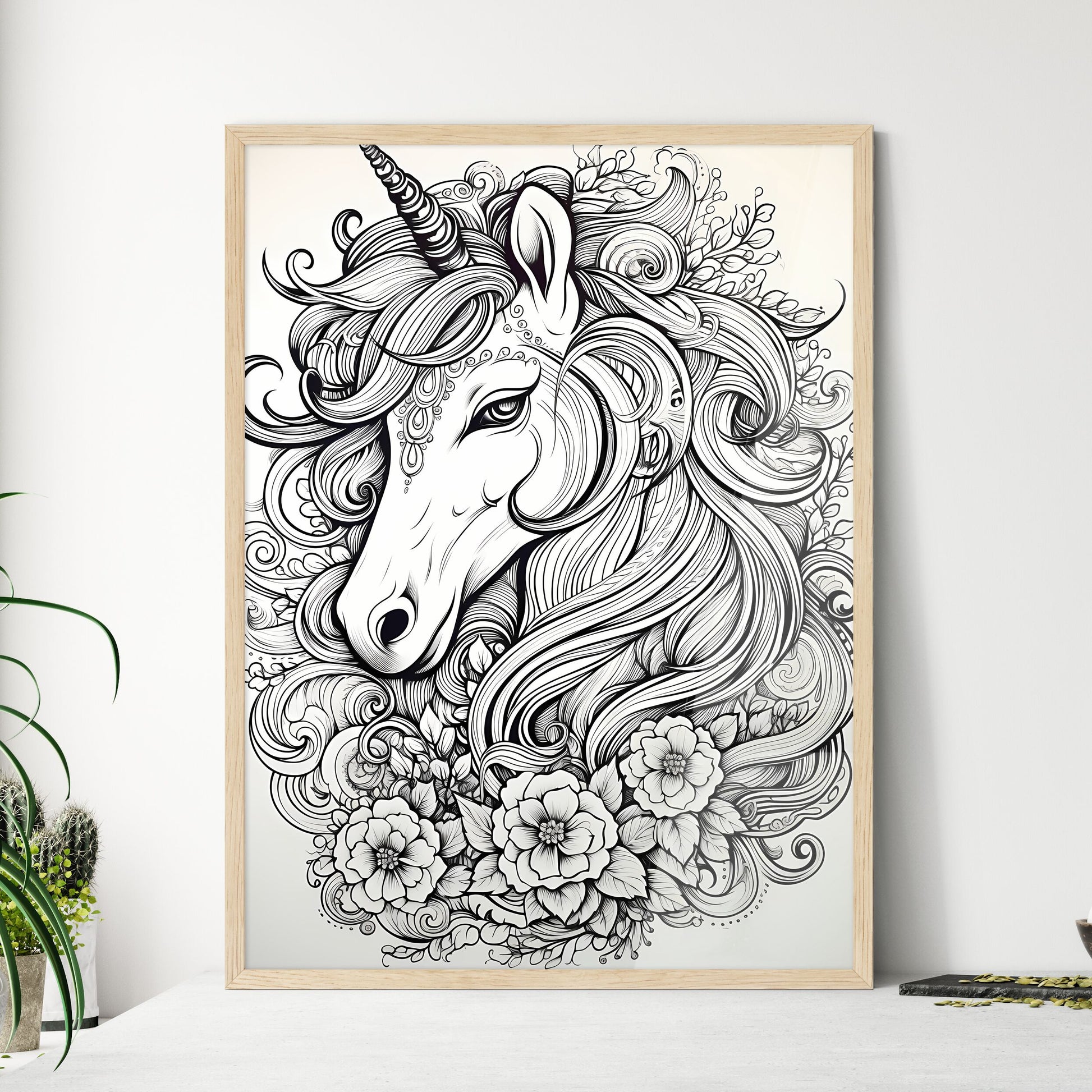 Drawing Of A Unicorn With Flo Wall Art