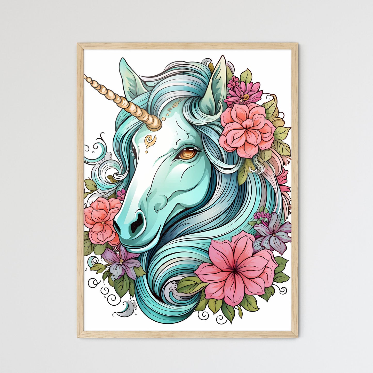 Unicorn With Flowers And Leav Wall Art
