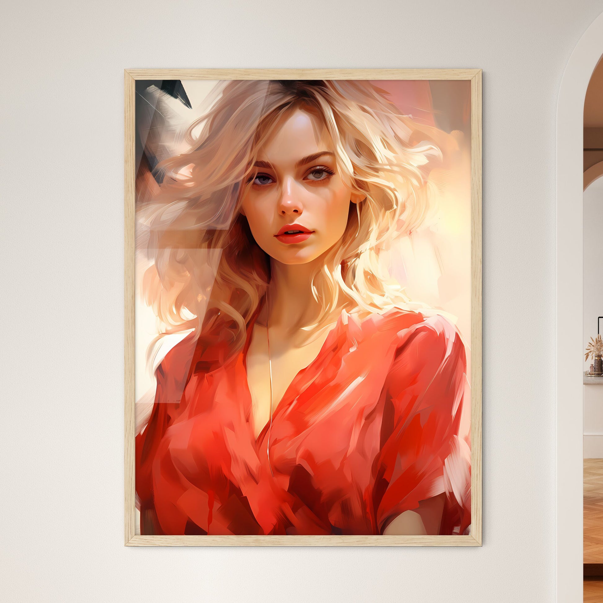 Woman With Blonde Hair Wearing A Red Shirt Art Print Default Title