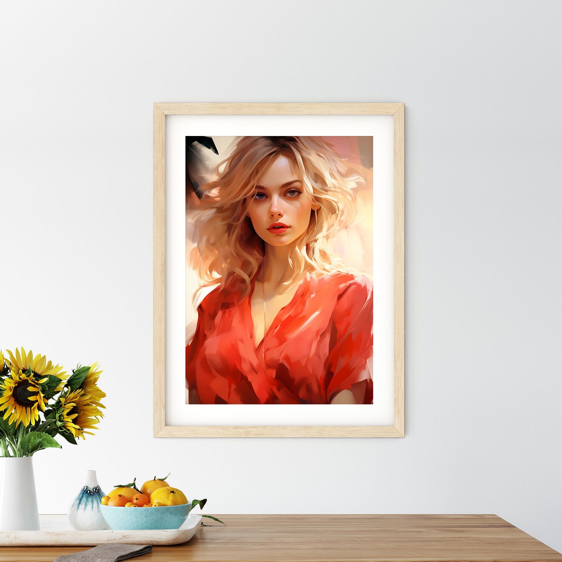 Woman With Blonde Hair Wearing A Red Shirt Art Print Default Title