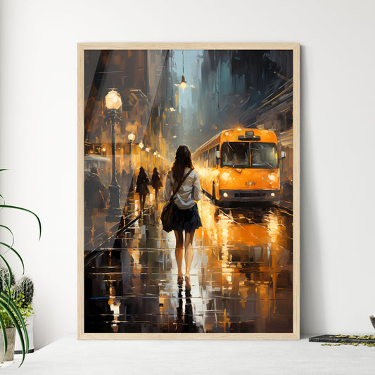 Woman Walking On A Wet Street With A Bus In The Background Art Print Default Title