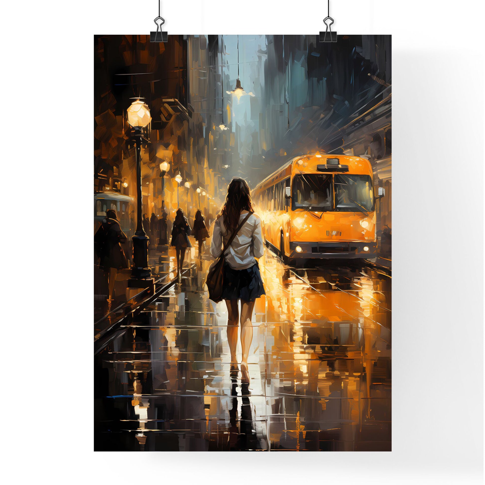 Woman Walking On A Wet Street With A Bus In The Background Art Print Default Title