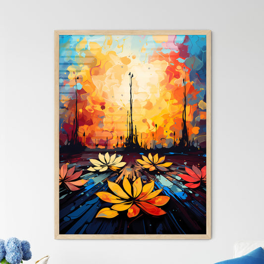 Painting Of Flowers In Front Of A Colorful E - Framed Art Print