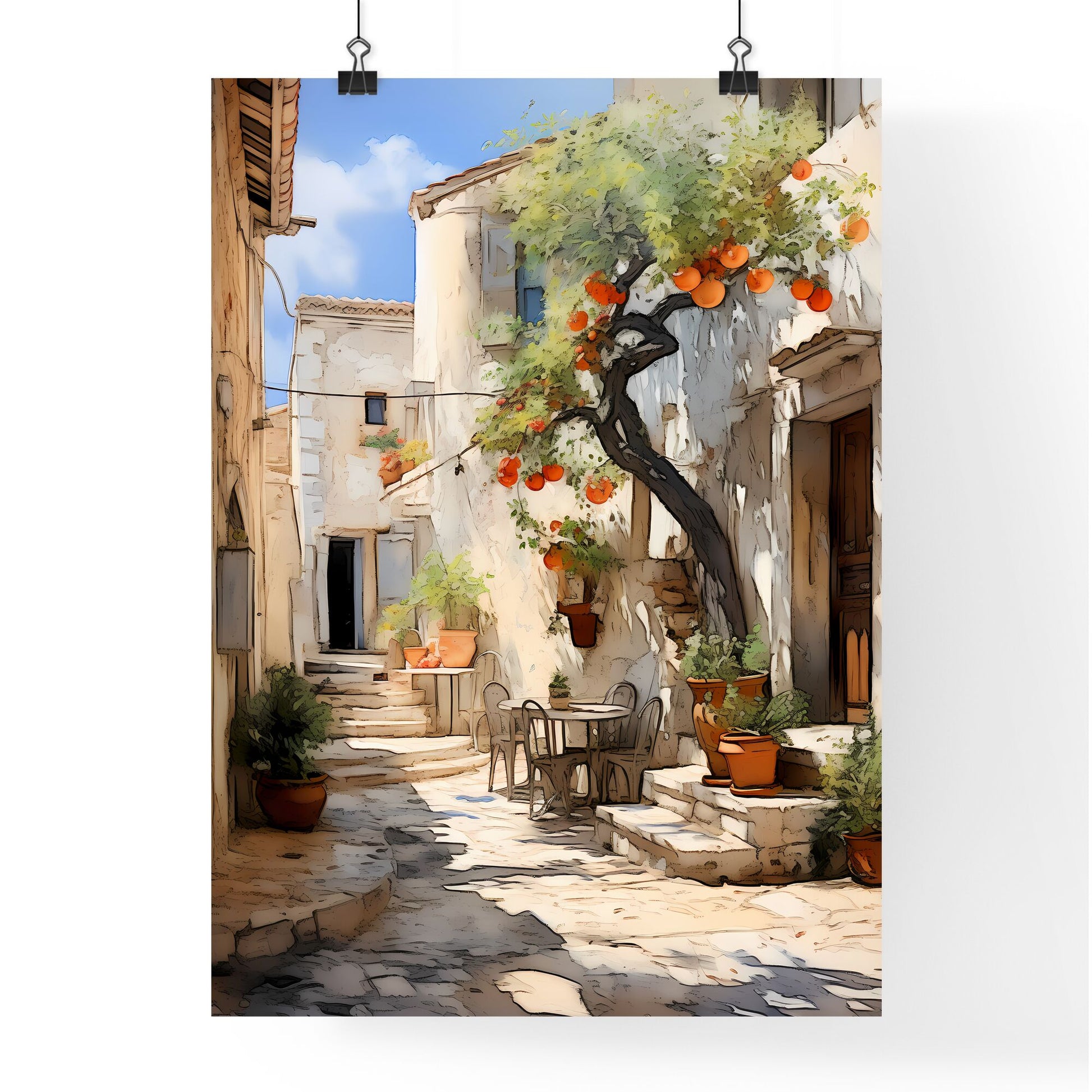 Courtyard With A Tree And Chairs Art Print Default Title