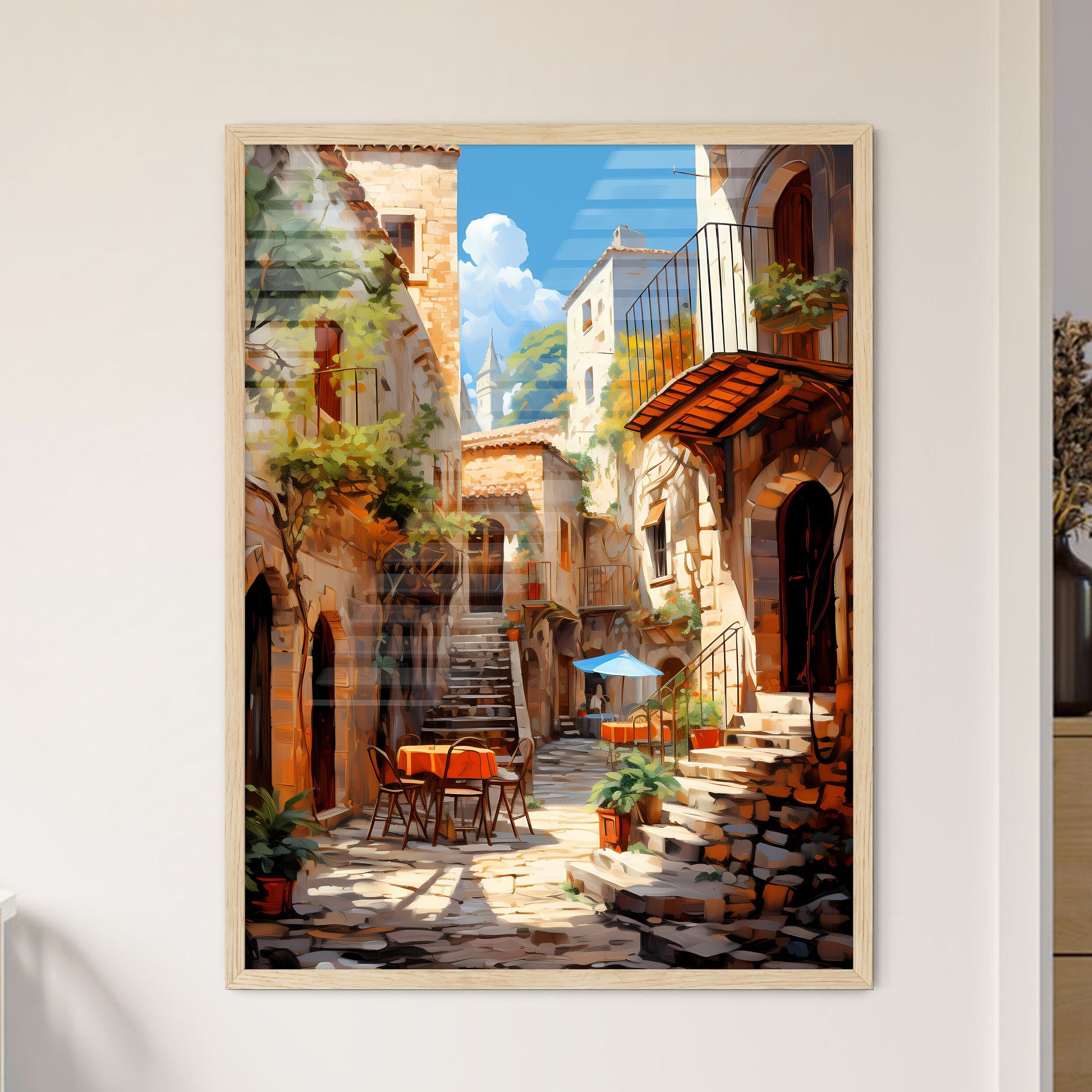 Courtyard With Tables And Chairs And Stairs Art Print Default Title