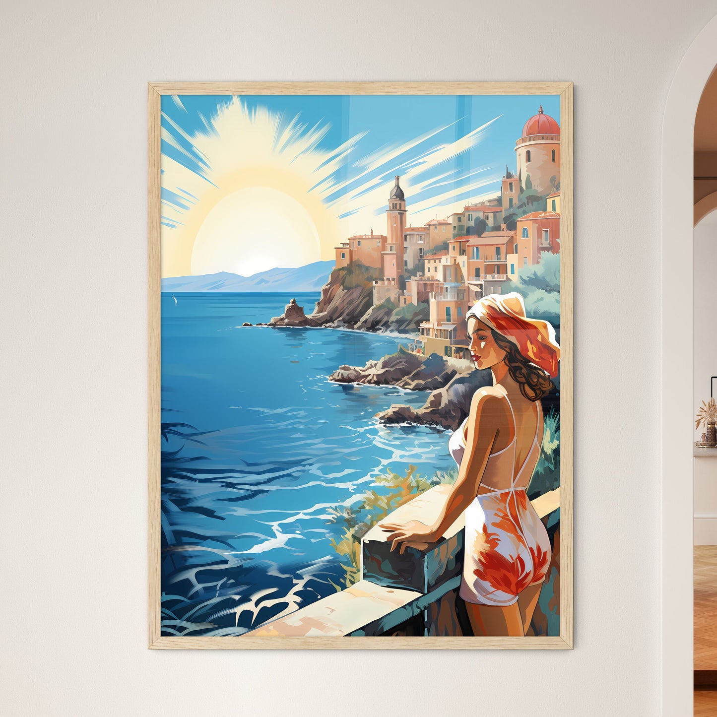 Woman Looking At A City By The Water Art Print Default Title