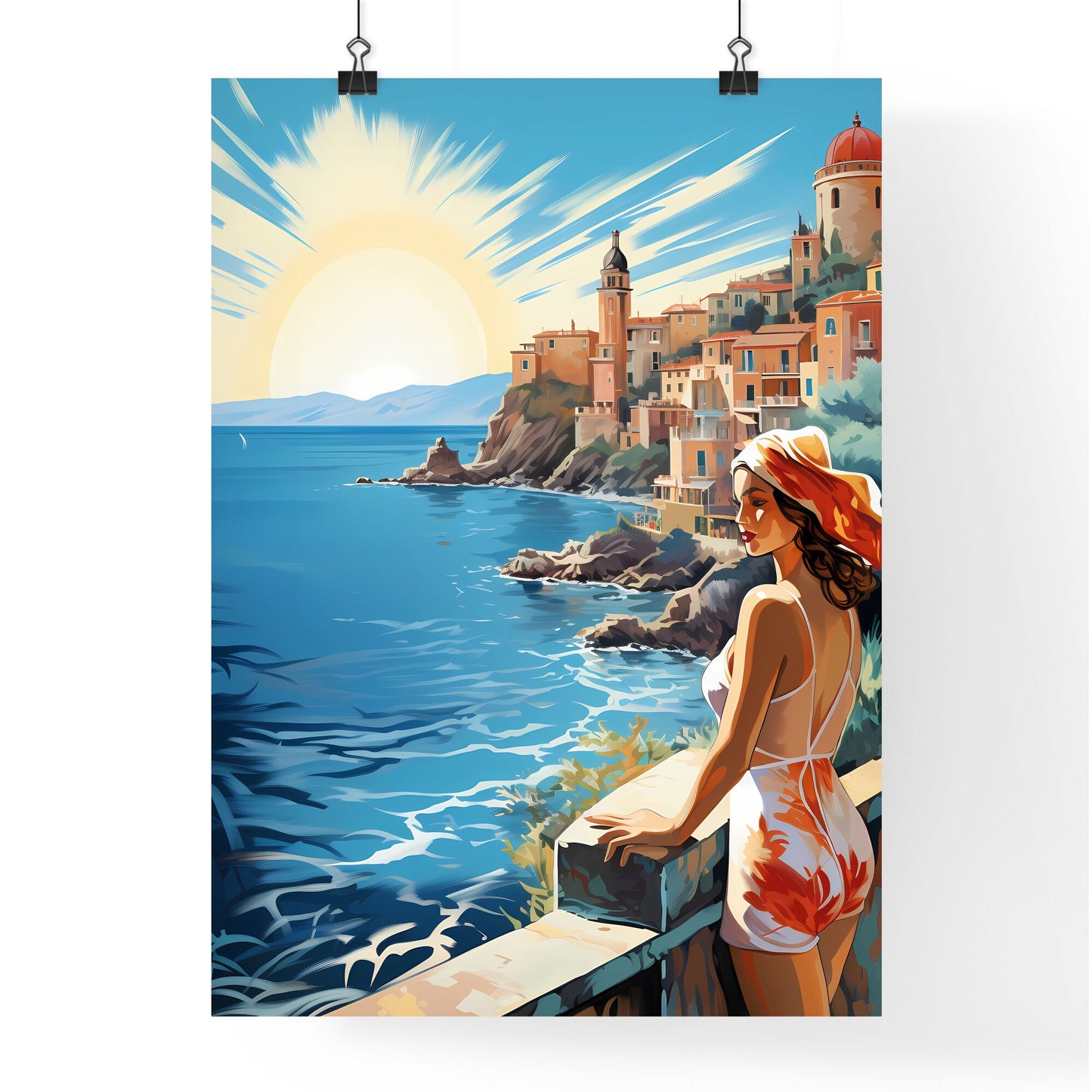 Woman Looking At A City By The Water Art Print Default Title