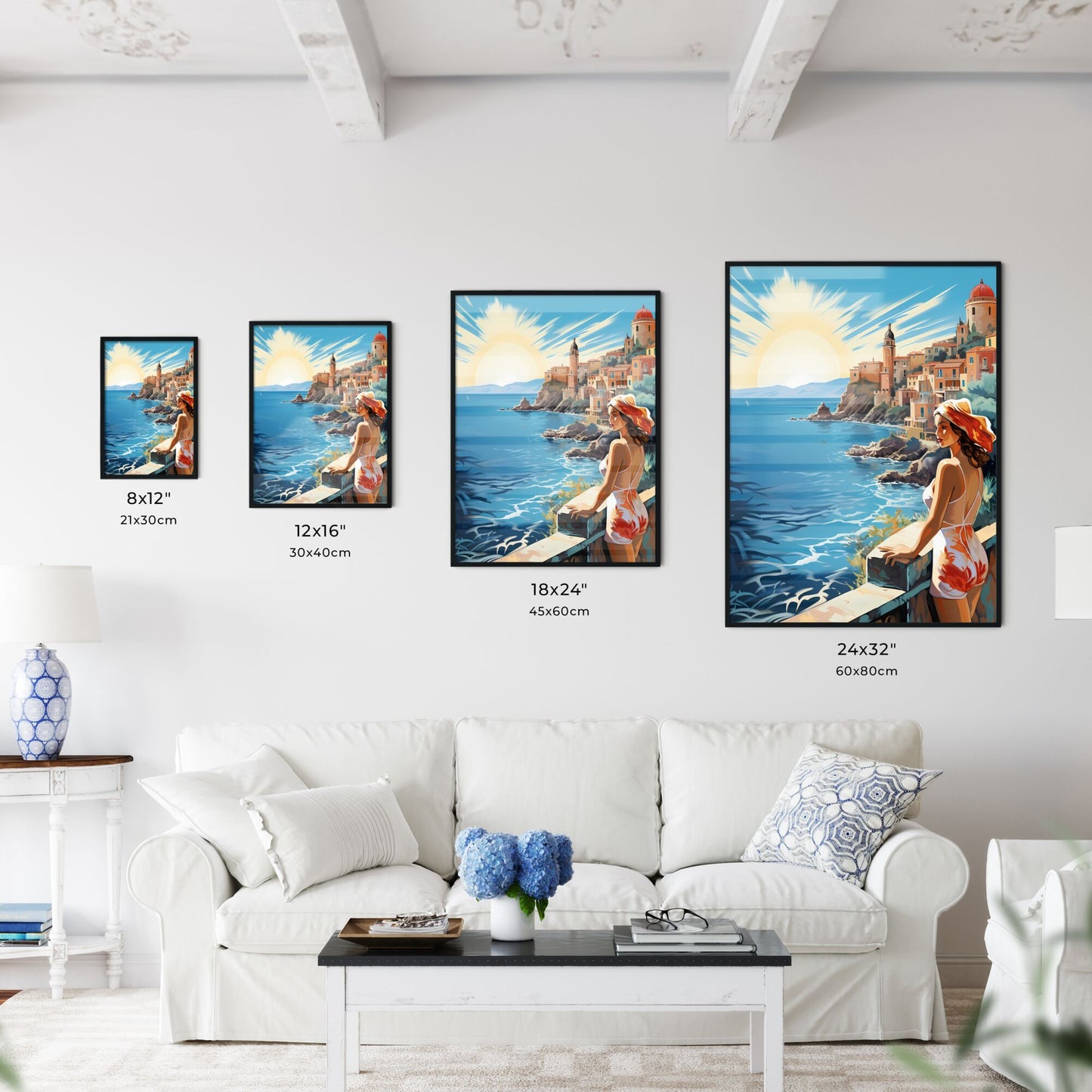 Woman Looking At A City By The Water Art Print Default Title