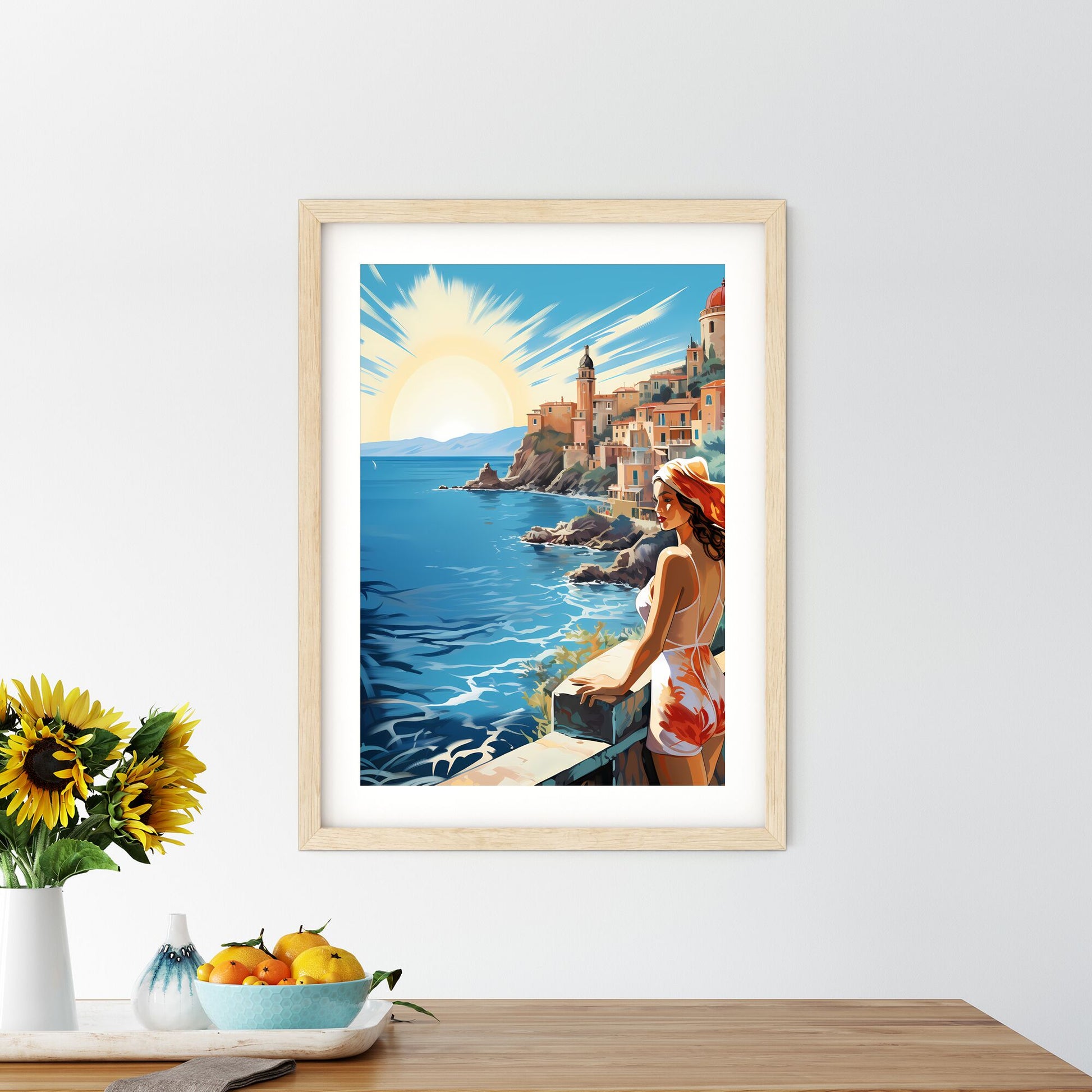 Woman Looking At A City By The Water Art Print Default Title