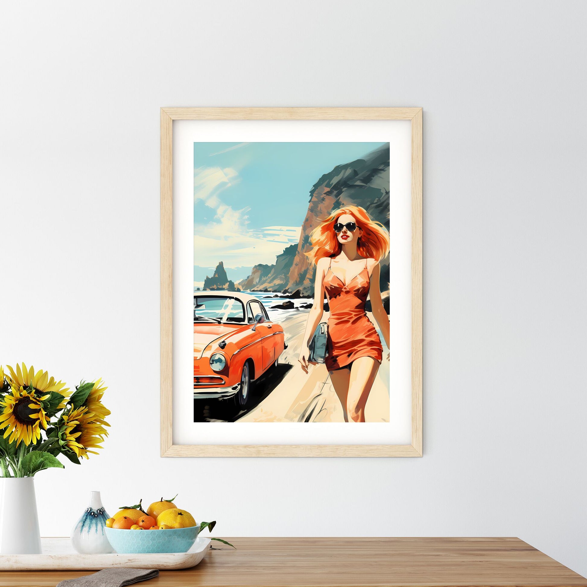 Woman Walking On A Beach With A Car Art Print Default Title