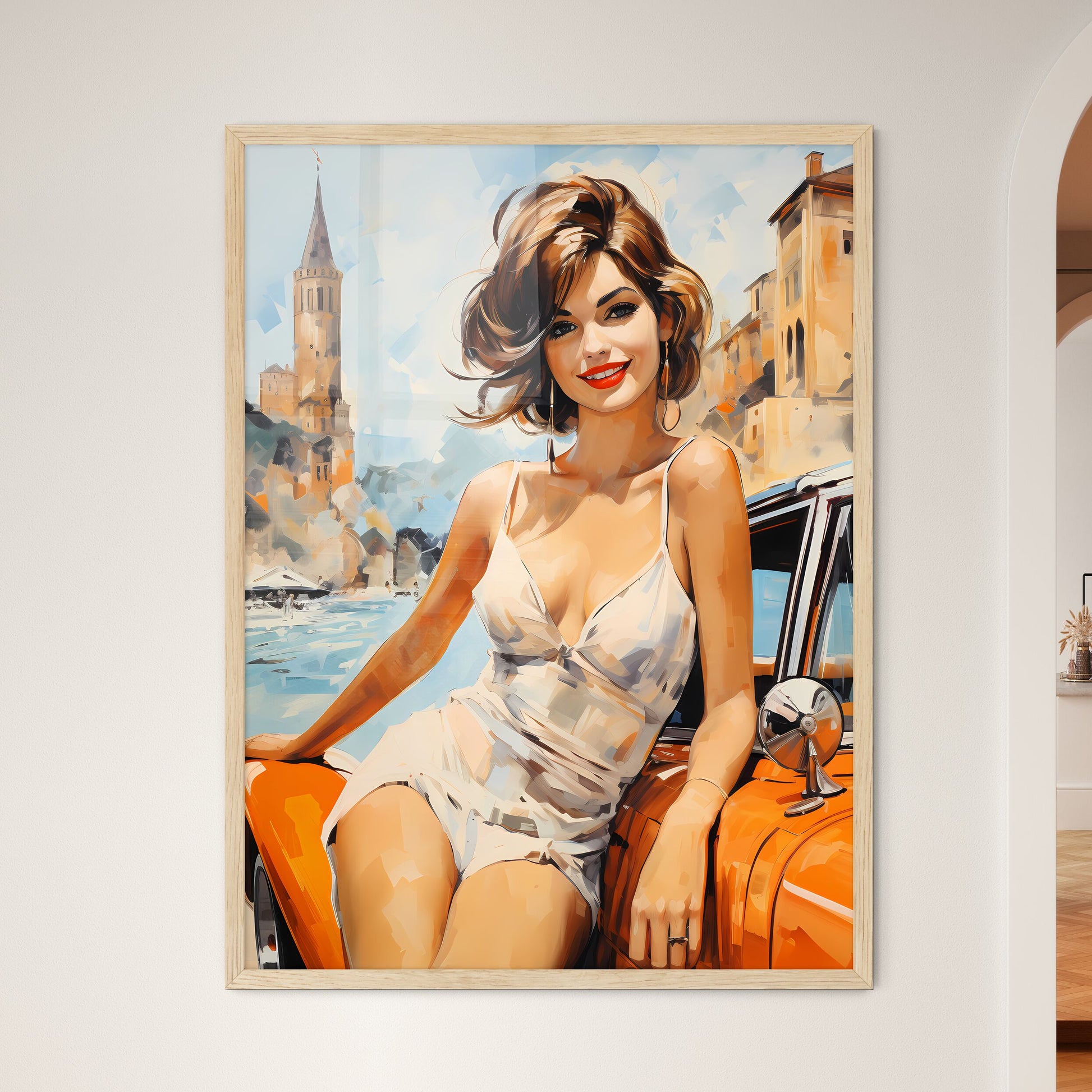 Woman Sitting On A Car Art Print Default Title