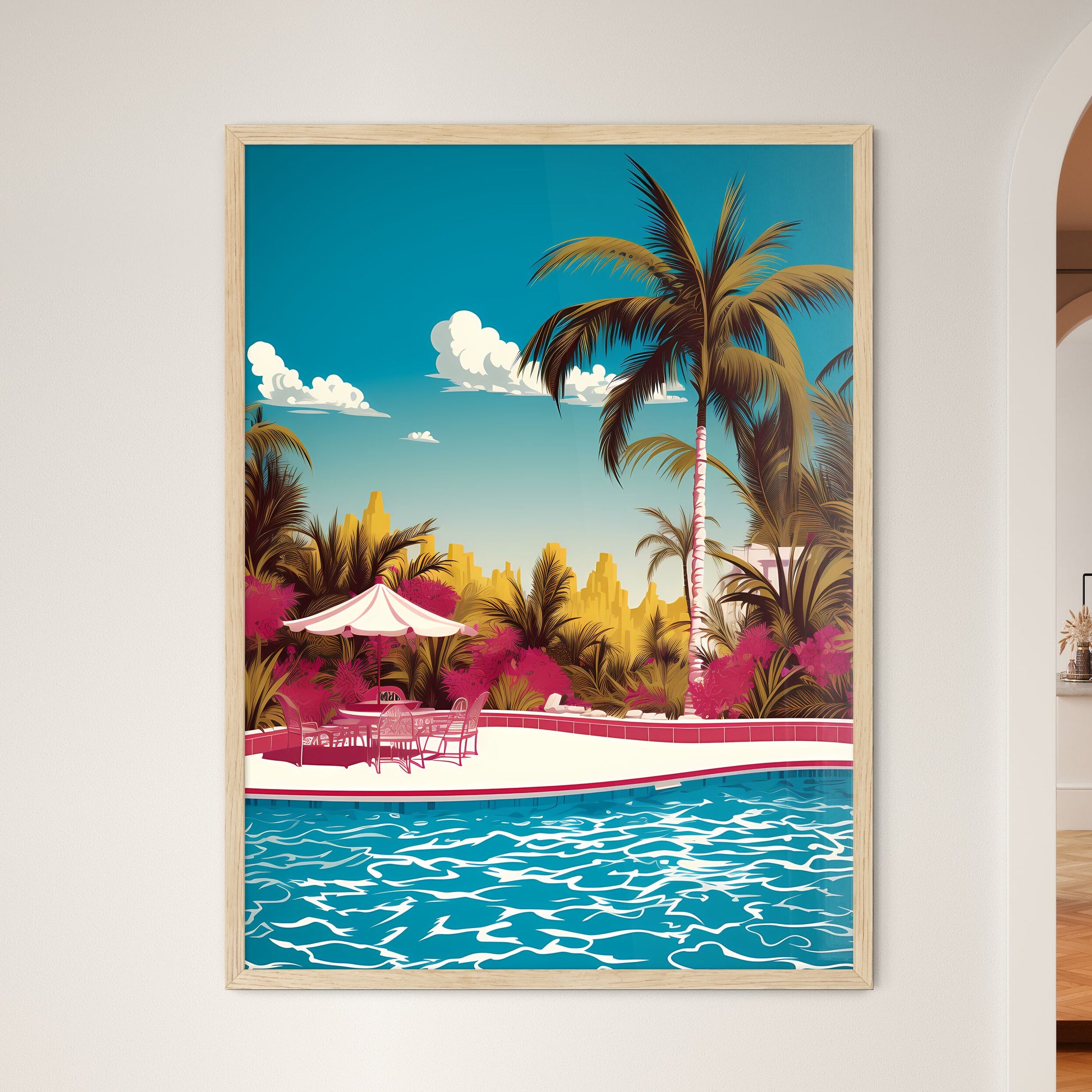 Pool With Tables And Chairs And Palm Trees Art Print Default Title