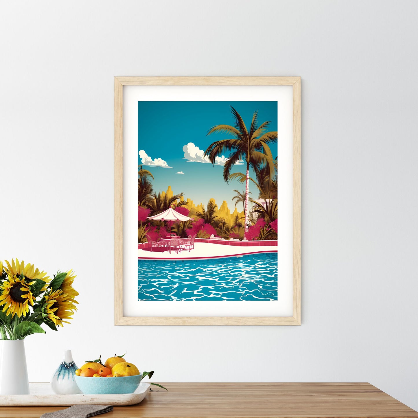 Pool With Tables And Chairs And Palm Trees Art Print Default Title