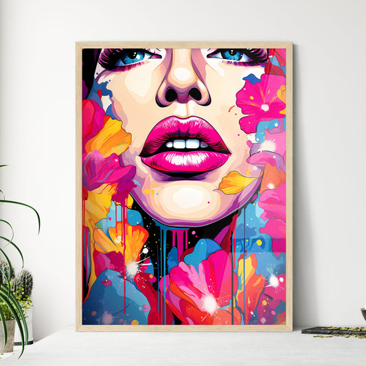 Womans Face With Pink Lips And Colorful Flowers Art Print Default Title