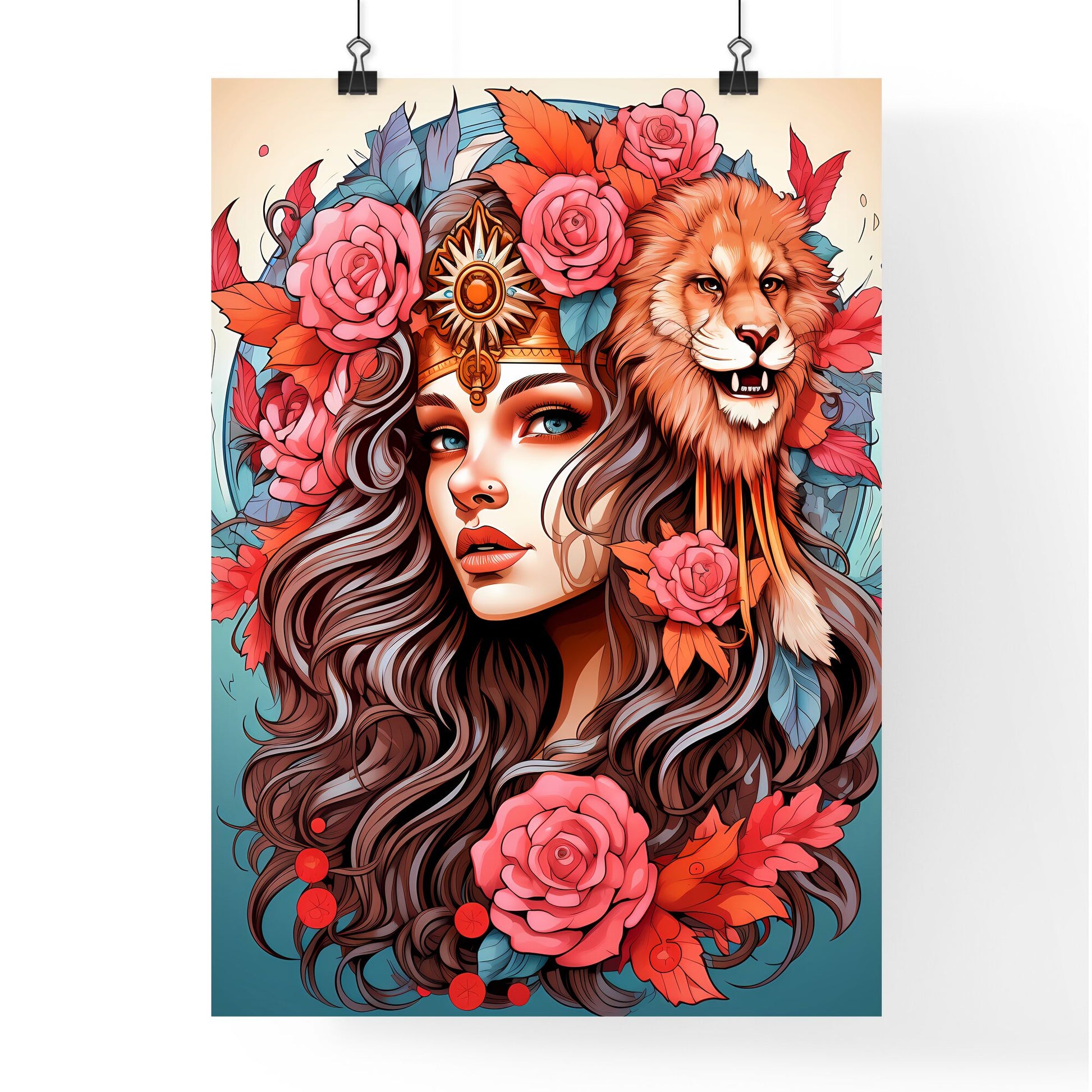 Woman With A Lion Headband And Roses Art Print Default Title