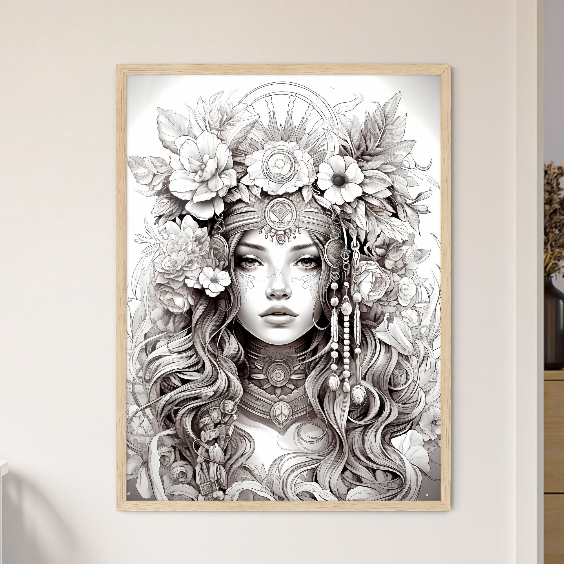 Drawing Of A Woman With Flowers In Her Hair Art Print Default Title