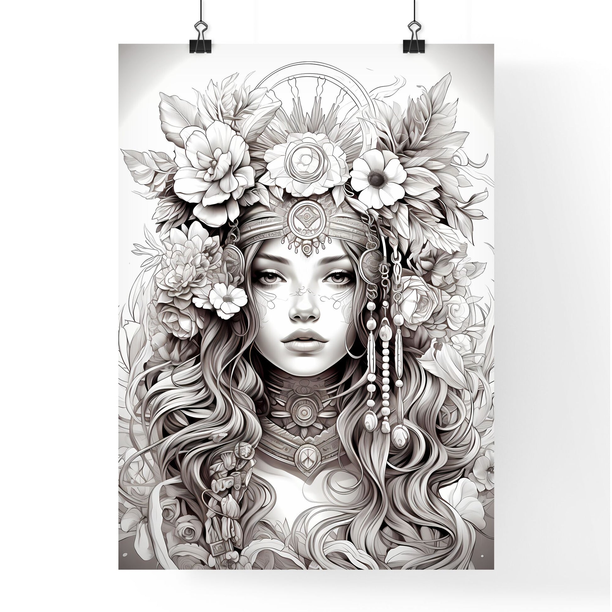 Drawing Of A Woman With Flowers In Her Hair Art Print Default Title