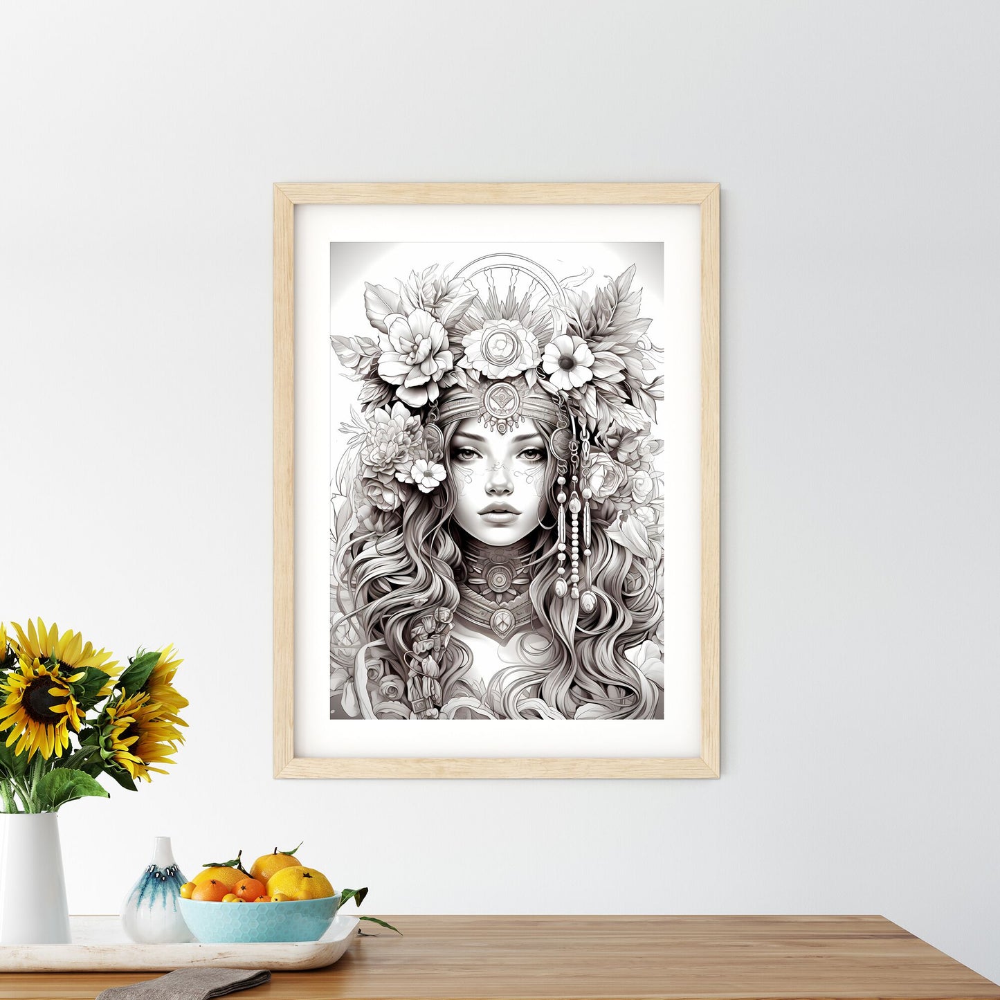 Drawing Of A Woman With Flowers In Her Hair Art Print Default Title