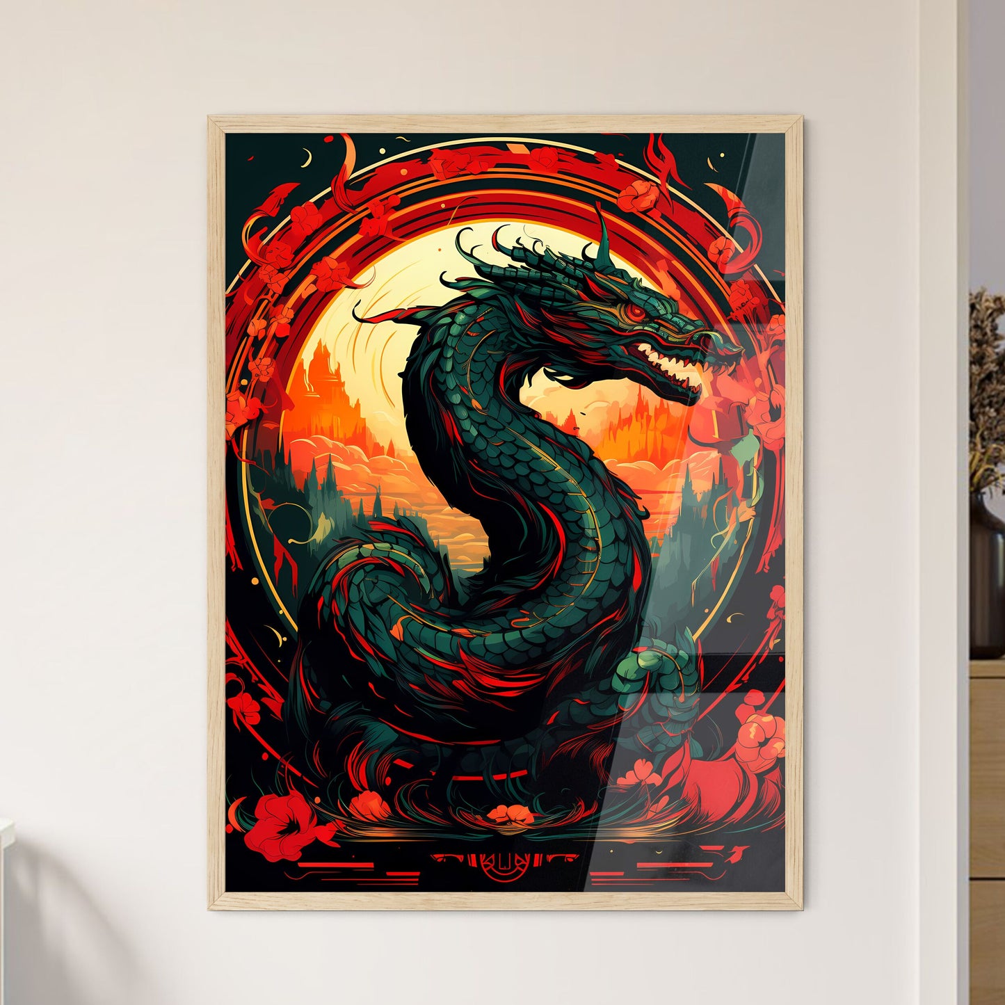 Dragon With Red And Yellow Circle Around It Art Print Default Title