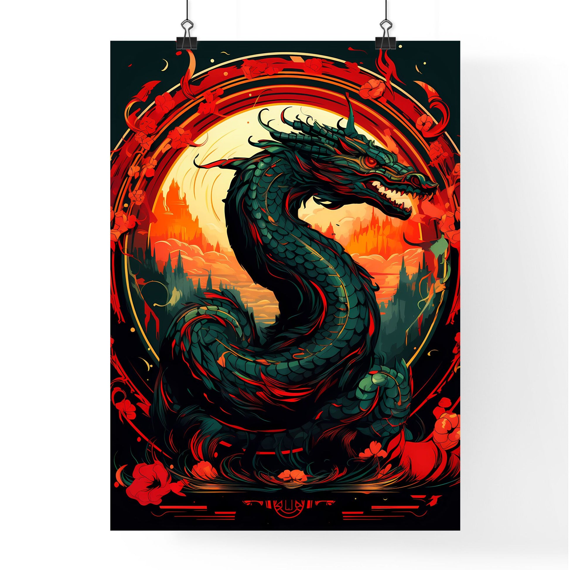 Dragon With Red And Yellow Circle Around It Art Print Default Title