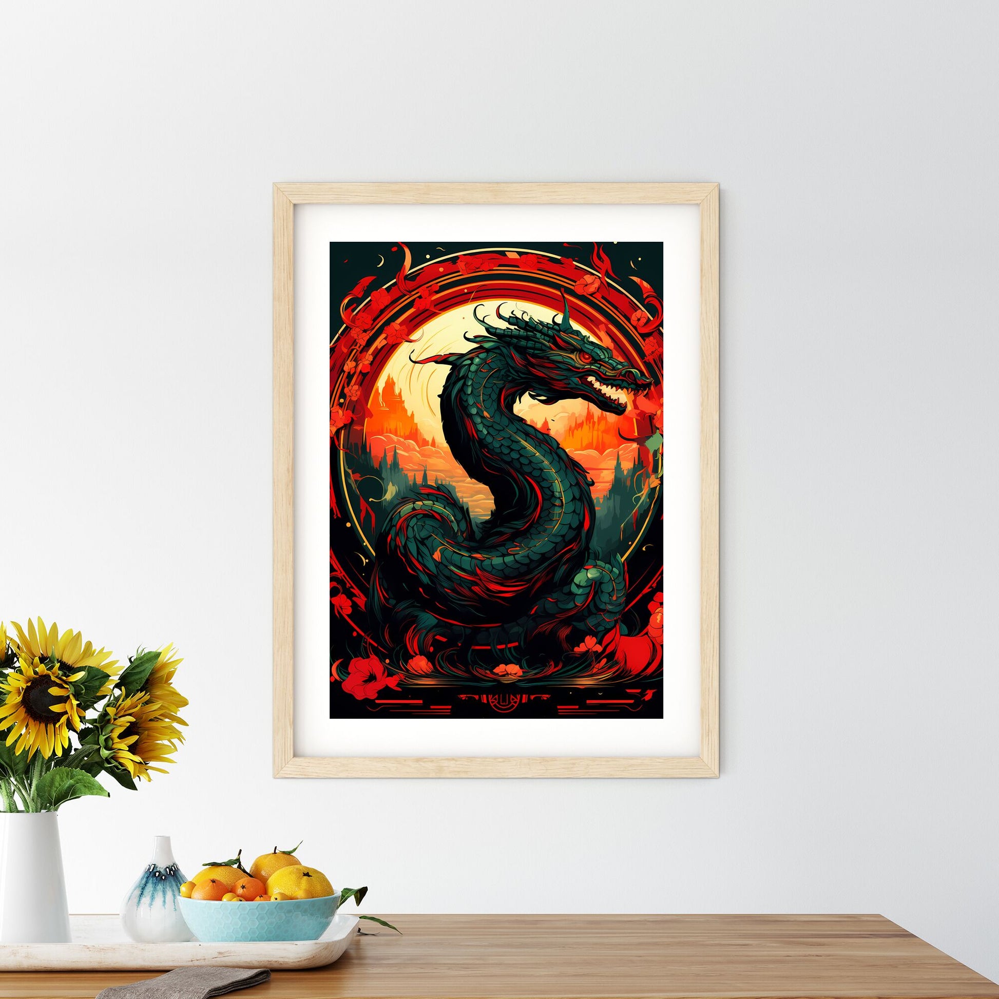 Dragon With Red And Yellow Circle Around It Art Print Default Title