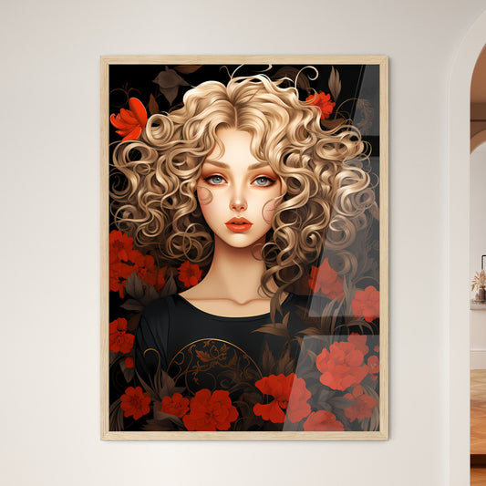 Woman With Curly Blonde Hair And Red Flowers Art Print Default Title