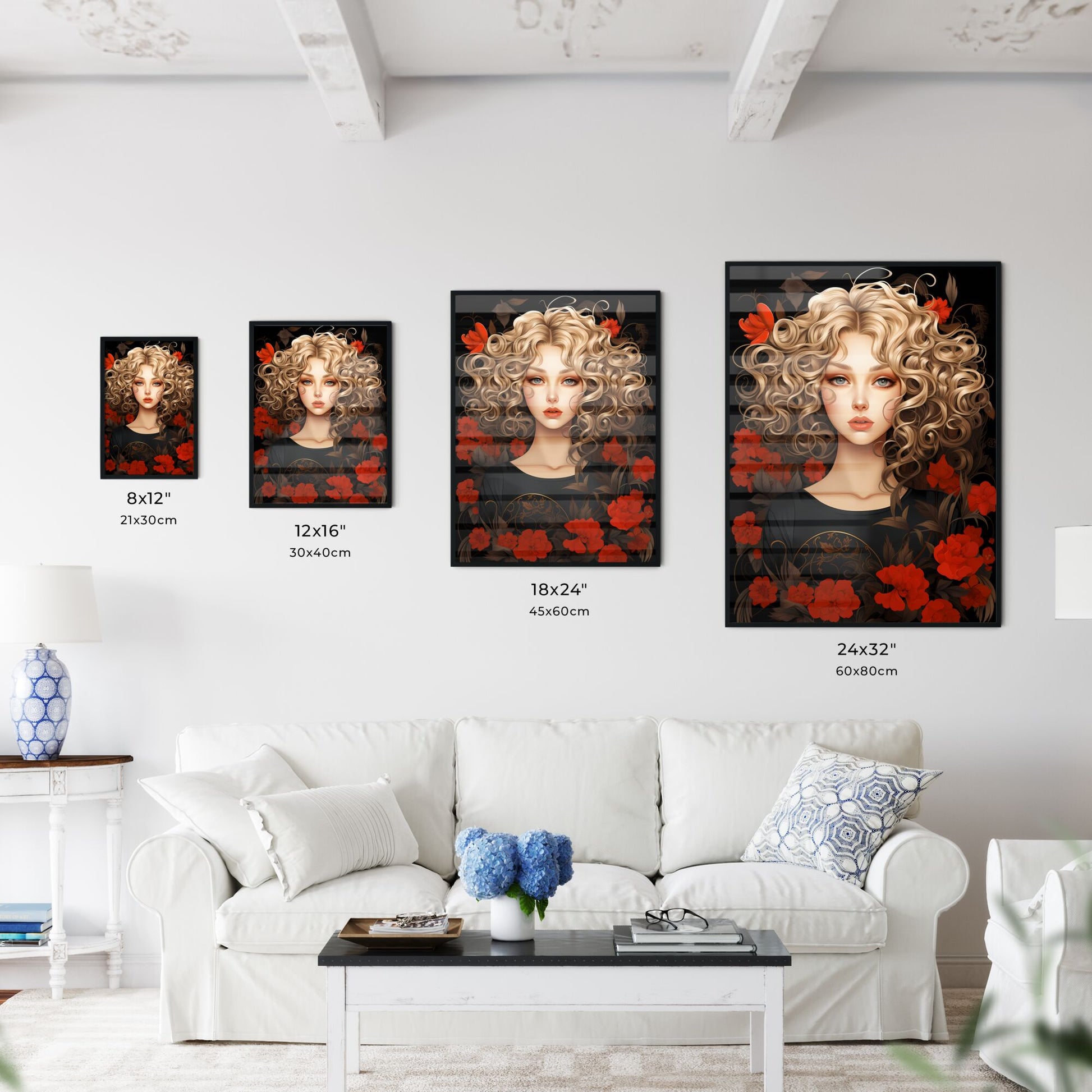 Woman With Curly Blonde Hair And Red Flowers Art Print Default Title