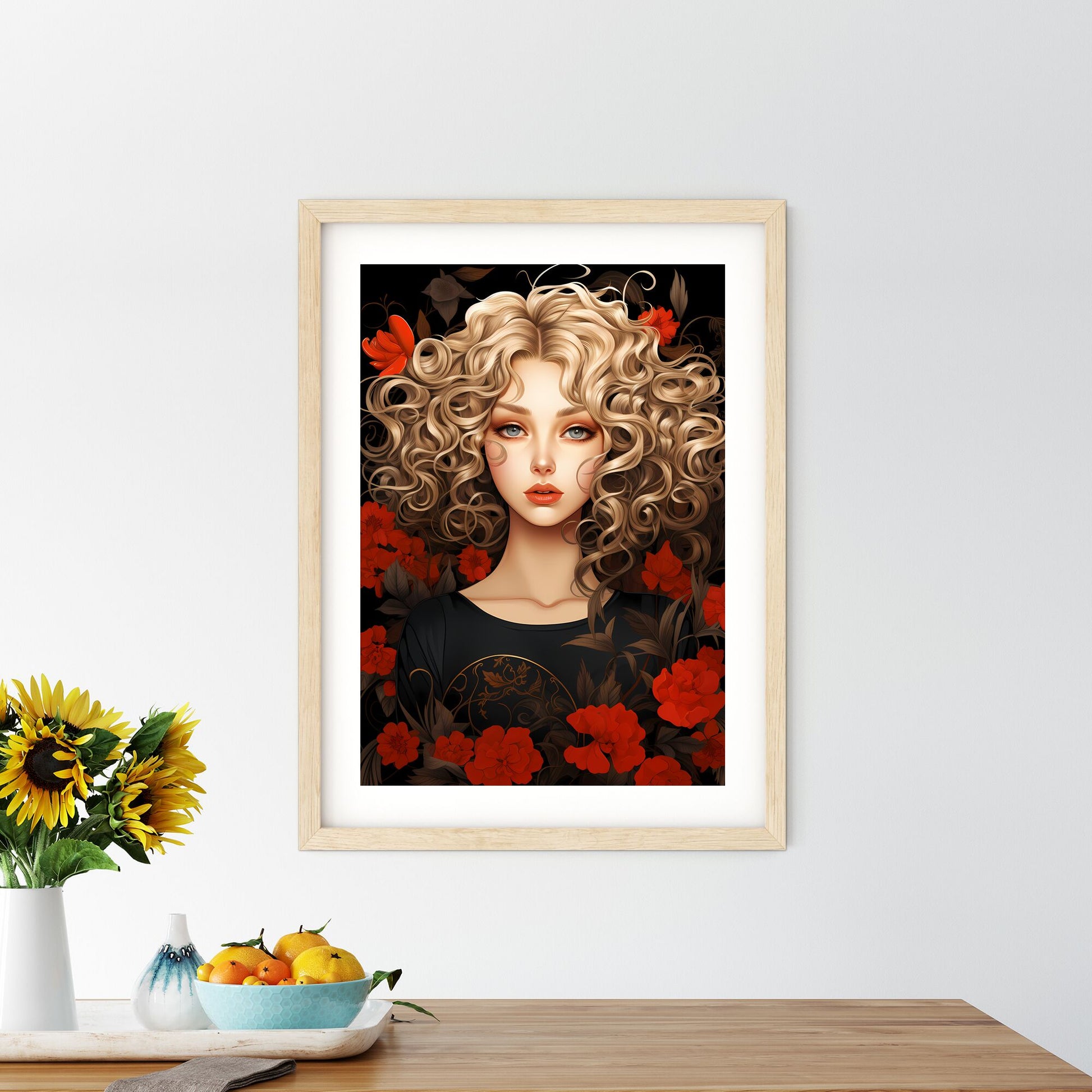 Woman With Curly Blonde Hair And Red Flowers Art Print Default Title