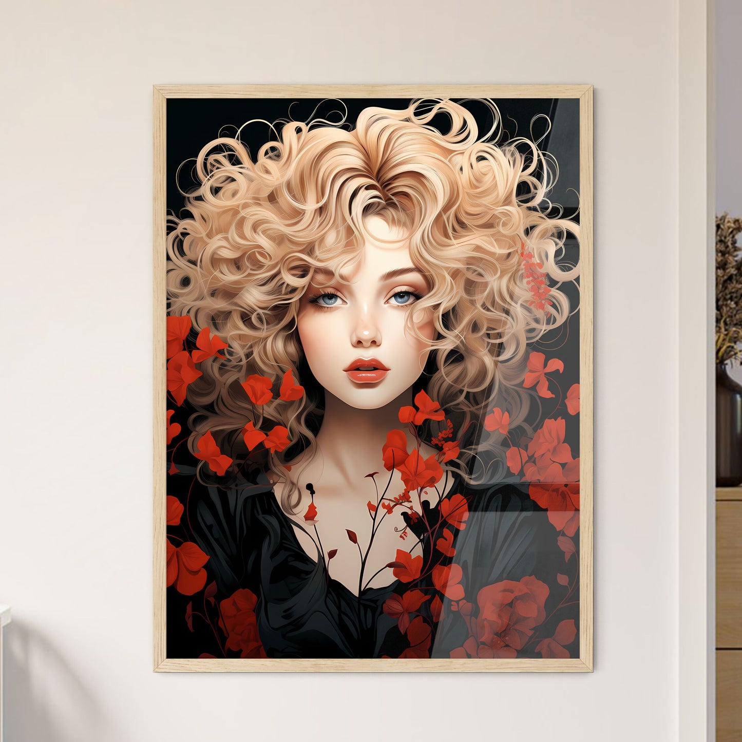 Woman With Blonde Hair And Red Flowers Art Print Default Title