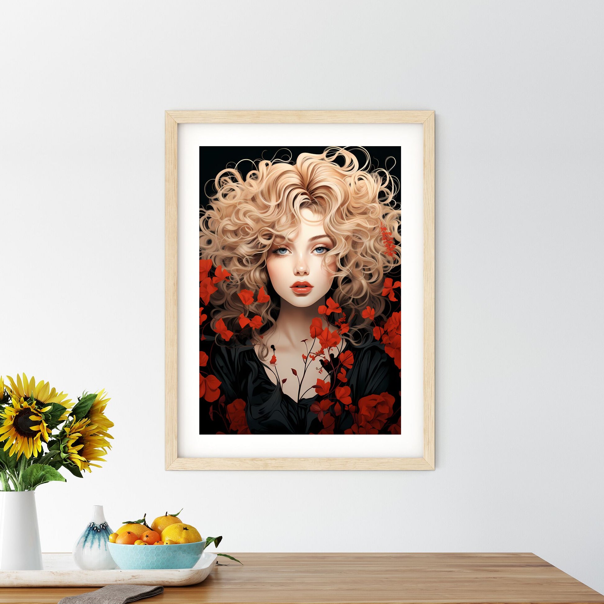 Woman With Blonde Hair And Red Flowers Art Print Default Title