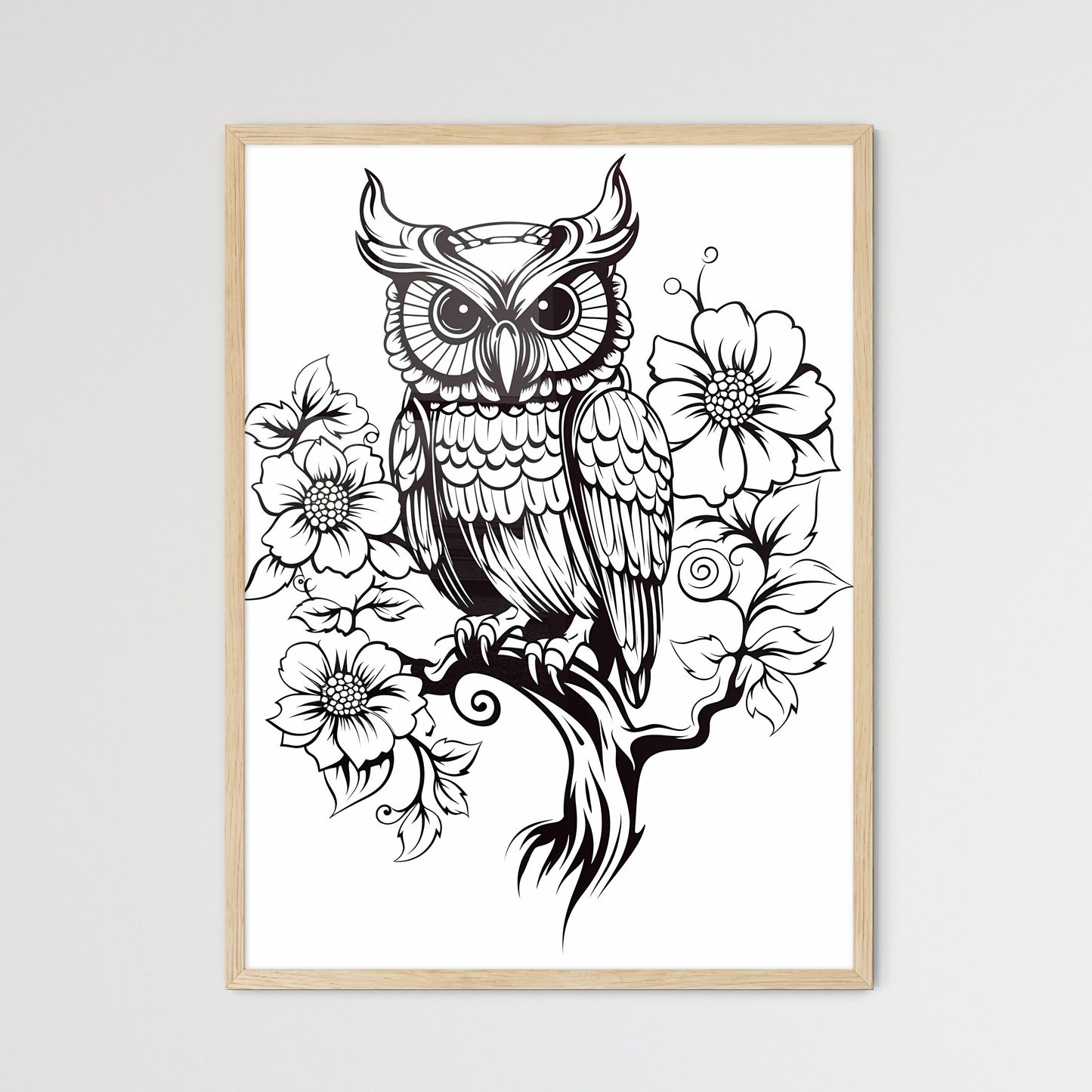 Black And White Drawing Of An Owl On A Branch With Flowers Art Print Default Title