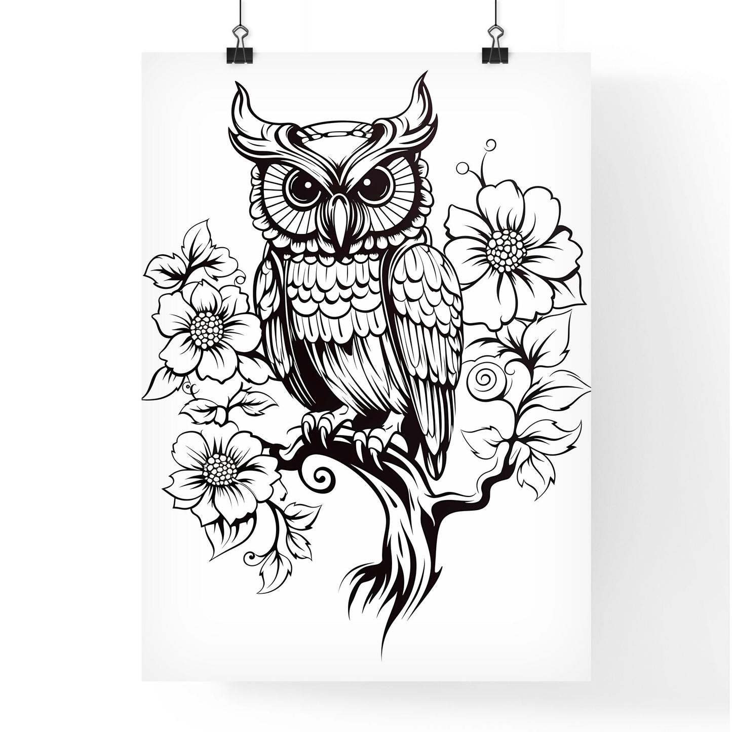 Black And White Drawing Of An Owl On A Branch With Flowers Art Print Default Title