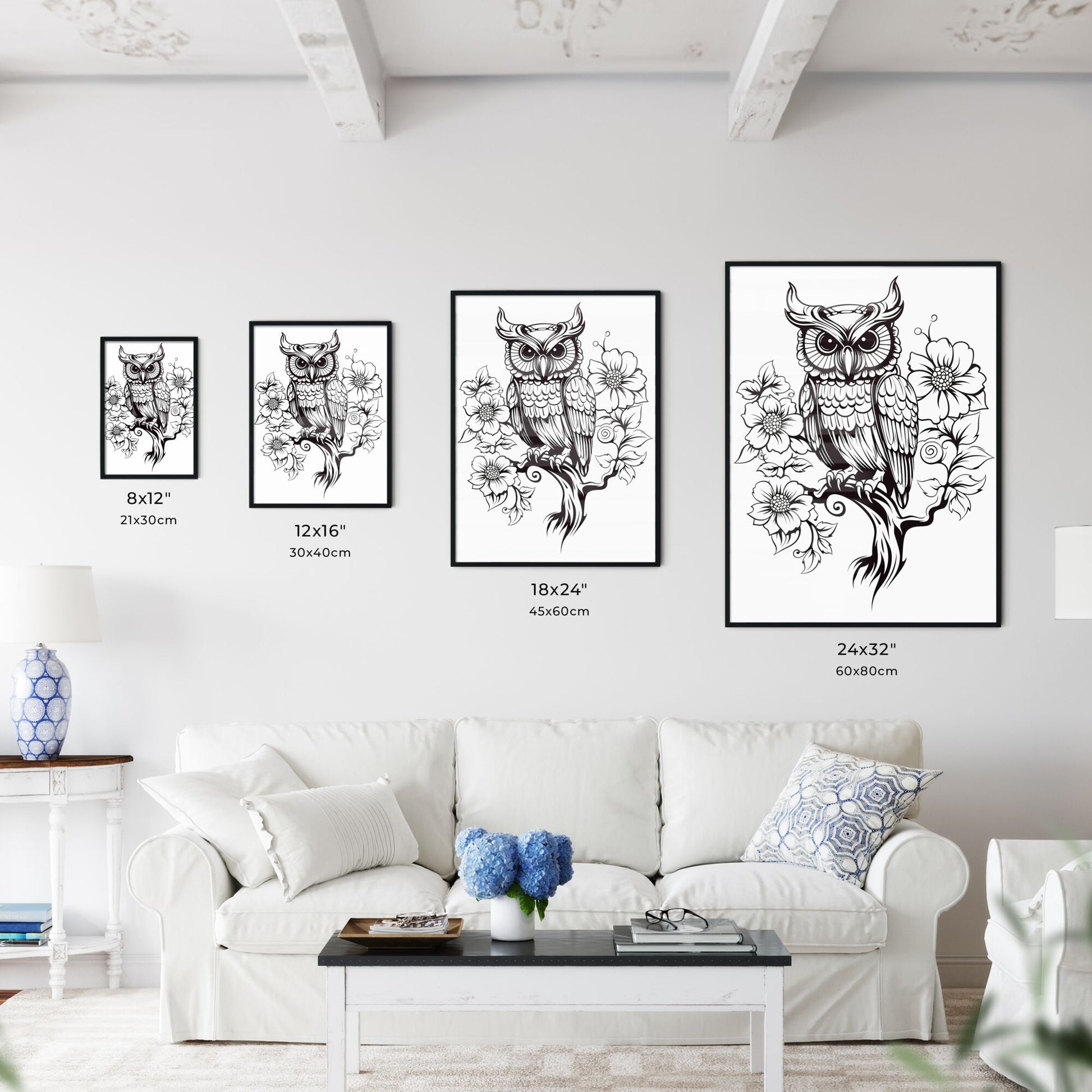 Black And White Drawing Of An Owl On A Branch With Flowers Art Print Default Title