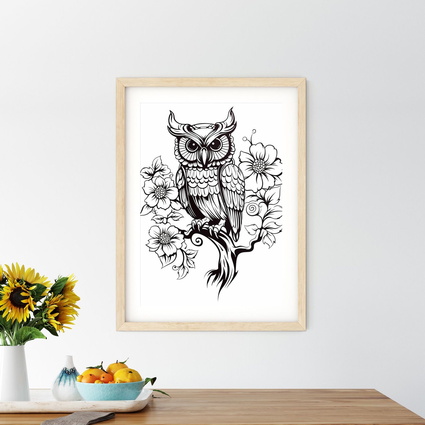 Black And White Drawing Of An Owl On A Branch With Flowers Art Print Default Title